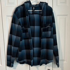 Mountain Hardwear Blue and Black Plaid Button Down Hoodie Jacket